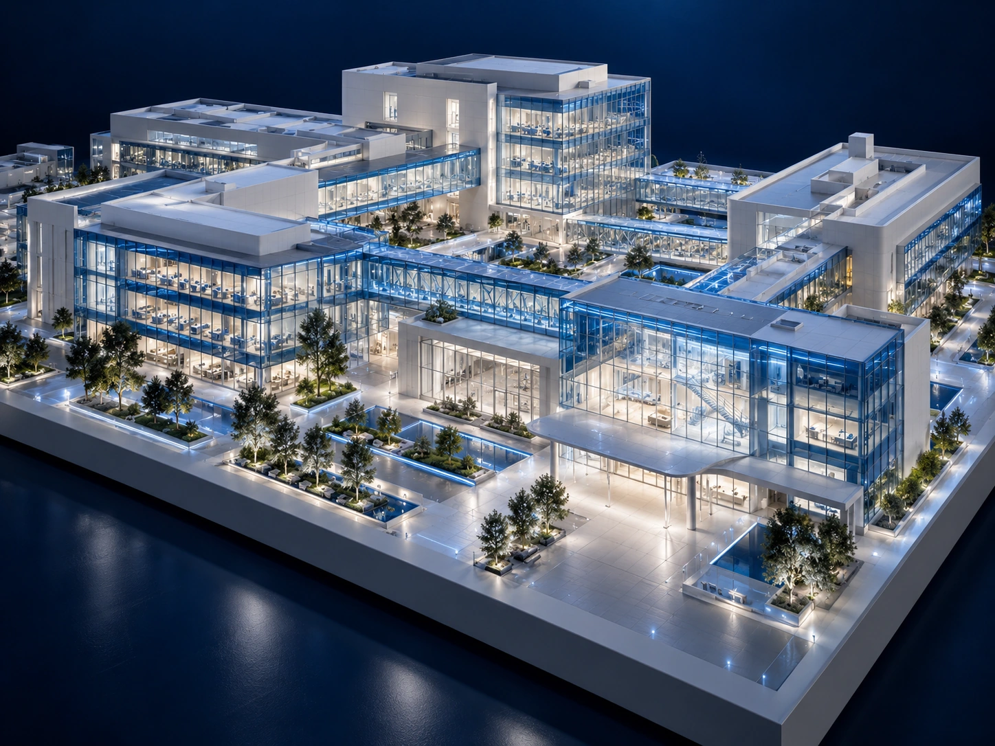 Ilustración de un complejo hospitalario de arquitectura blanca y vidrio azul